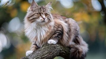 Majestic cat perched on a tree branch, surrounded by autumn foliage, gazing into the distance photo