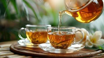 A serene tea moment with freshly brewed tea poured into glass cups surrounded by nature photo