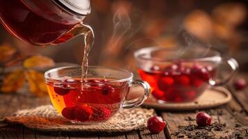 Warm tea being poured into a glass cup with raspberries, autumn leaves in the background photo