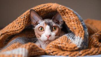 A cozy cat nestled in a warm, knitted blanket, creating a serene indoor atmosphere photo