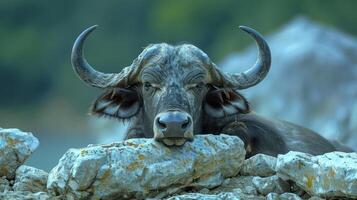 A serene water buffalo resting its head on a rocky ledge by a tranquil lake, surrounded by nature photo