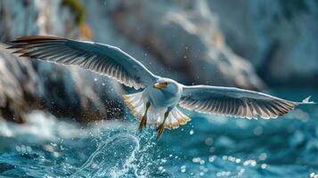 Seagull soaring above ocean waves, capturing fish in a vibrant coastal landscape photo