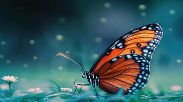 Colorful butterfly perched on a flower in a serene meadow with soft bokeh background photo