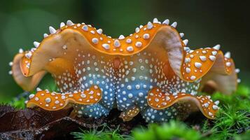 Vibrant close-up of a colorful marine creature resting on lush green moss in a tranquil forest setting photo