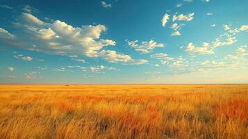 Expansive golden grassland under a vibrant blue sky with scattered clouds at sunset photo