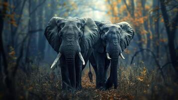 Two majestic elephants walking through a misty forest with autumn foliage in the background photo