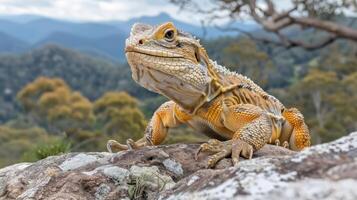 Close-up of a vibrant lizard basking on a rock with a mountainous landscape in the background photo