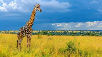 Majestic giraffe standing tall in golden grasslands under a dramatic sky with distant trees photo