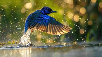 Vibrant bird splashing in water amidst shimmering lights and blurred greenery in the background photo