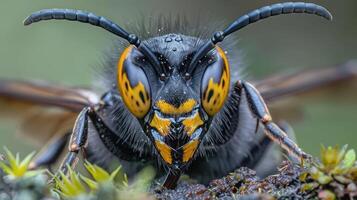 Close-up view of a vibrant insect with striking features on a mossy surface in nature photo