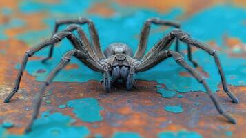 Close-up of a spider on a rusted metal surface, showcasing intricate details against vibrant colors photo
