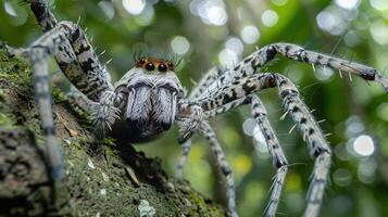 Close-up of a large spider perched on a tree trunk in a lush green rainforest, showcasing intricate details photo