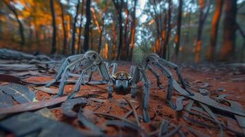 Close-up of a spider on a forest floor surrounded by autumn foliage and blurred trees photo