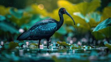 A striking black ibis stands amidst lush green lily pads in a serene wetland, with soft rain photo