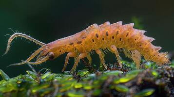 Close-up of a vibrant pink crustacean crawling on lush green moss in a serene natural setting photo