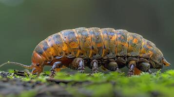 Close-up of a vibrant caterpillar crawling over lush green moss in a serene forest setting photo