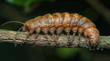 Close-up of a segmented insect crawling on a branch in a lush green environment photo