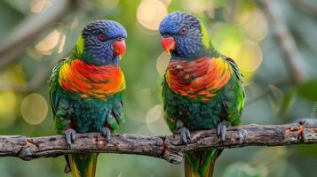 Two vibrant lorikeets perched on a branch, surrounded by lush greenery and soft bokeh background photo
