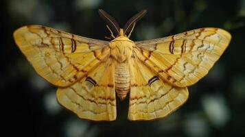 Close-up of a vibrant yellow moth resting on a leaf in a lush green garden setting photo