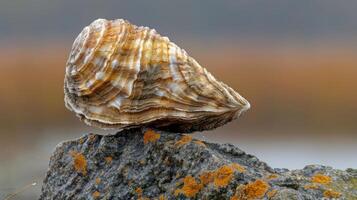 Close-up of a beautifully textured oyster shell resting on a mossy rock by a serene wetland photo