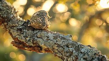 Close-up of a textured shell resting on a mossy tree branch with a blurred golden background photo