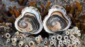 Close-up view of two opened shells on a sandy beach surrounded by seaweed and small shells photo