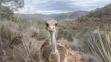 Curious ostrich stands on a rocky hillside, surrounded by shrubs and mountains under a cloudy sky photo