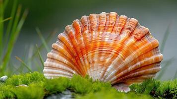 Close-up of a vibrant orange scallop shell resting on lush green moss in a serene natural setting photo