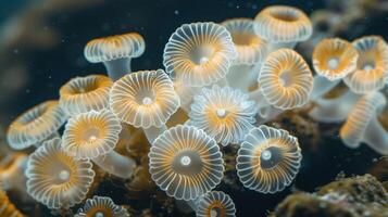 Close-up view of vibrant jellyfish in a serene underwater environment, showcasing their delicate forms photo