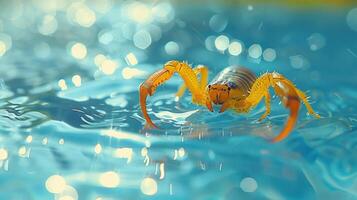 A vibrant orange crab navigating through shimmering water, surrounded by soft bokeh lights photo