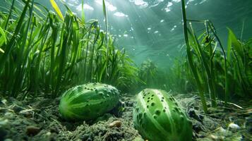 Underwater scene showcasing two green cucumbers resting on the sandy seabed amidst lush grass photo