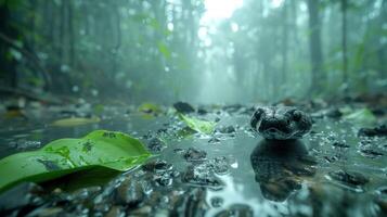 A close-up view of a frog resting on wet stones in a misty rainforest, surrounded by lush greenery photo