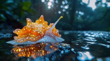 Vibrant sea slug gliding through a serene forest stream, illuminated by soft sunlight photo