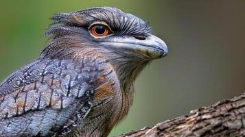 Close-up of a unique bird perched on a branch, showcasing intricate feather patterns and vibrant eyes photo