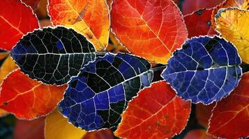 Vibrant autumn leaves in a mix of red, orange, and dark blue hues creating a colorful display photo