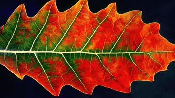 Vibrant autumn leaf showcasing intricate patterns and colors against a dark background photo