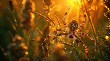 Close-up of a spider on a web in golden sunlight, surrounded by dew-covered grass at dawn photo