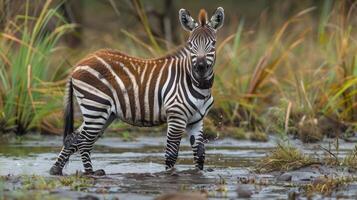 A zebra standing in shallow water surrounded by tall grass and foliage in a serene landscape photo
