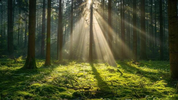 Sunlight Filtering Through Tall Trees in a Lush Green Forest with Soft Shadows on the Ground photo