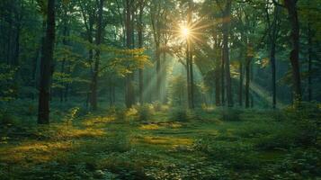 Sunlight filtering through a lush forest, creating a serene atmosphere with vibrant greenery photo