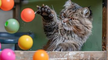Playful cat reaching for colorful balls in a cozy indoor setting, with a soft background photo
