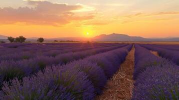 Serene sunset over vibrant lavender fields, with rolling hills and a golden sky in the background photo