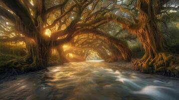 Serene river flowing through ancient, moss-covered trees at sunset, creating a magical atmosphere photo