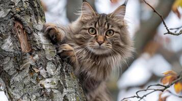 A fluffy cat perched on a tree branch, observing its surroundings with curiosity amid autumn leaves photo
