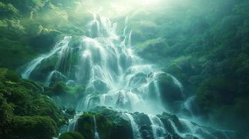 Serene waterfall cascading through lush greenery, illuminated by soft sunlight in a tranquil forest photo