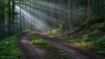Serene forest path illuminated by soft rays of sunlight filtering through lush green trees photo