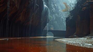 Serene canyon landscape with a reflective river, illuminated by sunlight filtering through cliffs photo