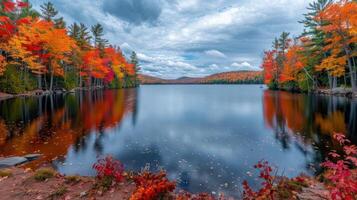 Serene autumn landscape featuring vibrant foliage reflecting on a tranquil lake under cloudy skies photo