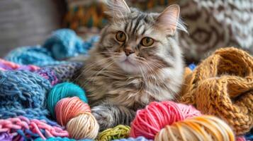A fluffy cat lounging on a colorful knitted blanket surrounded by vibrant yarn balls photo