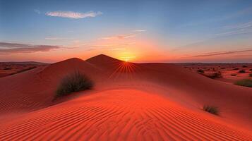 Stunning sunset over red desert dunes with vibrant sky and scattered vegetation in the background photo